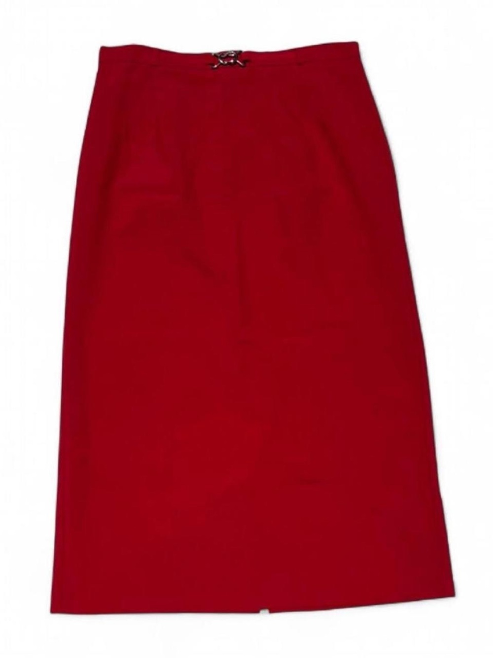 Red vintage midi skirt with silver buckle detail. Zipper and button closure